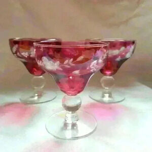 Set of 3-Ruby Flas Etched Coupe Glasses